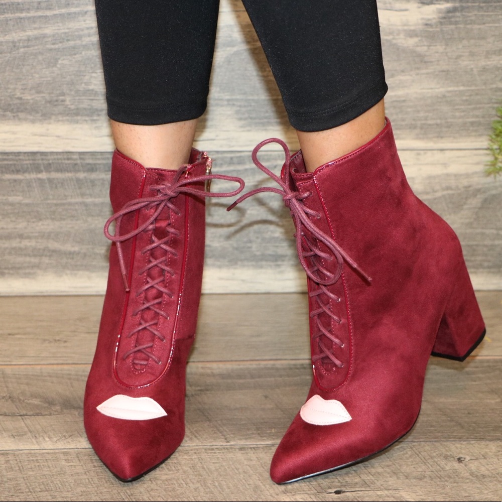 Wine Vegan Lace Up Chunky Heel boots with lips